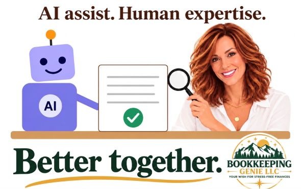 Illustration of a friendly robot labelled AI and a bookkeeper with a magnifying glass checking the same document, with the Bookkeeping Genie LLC logo